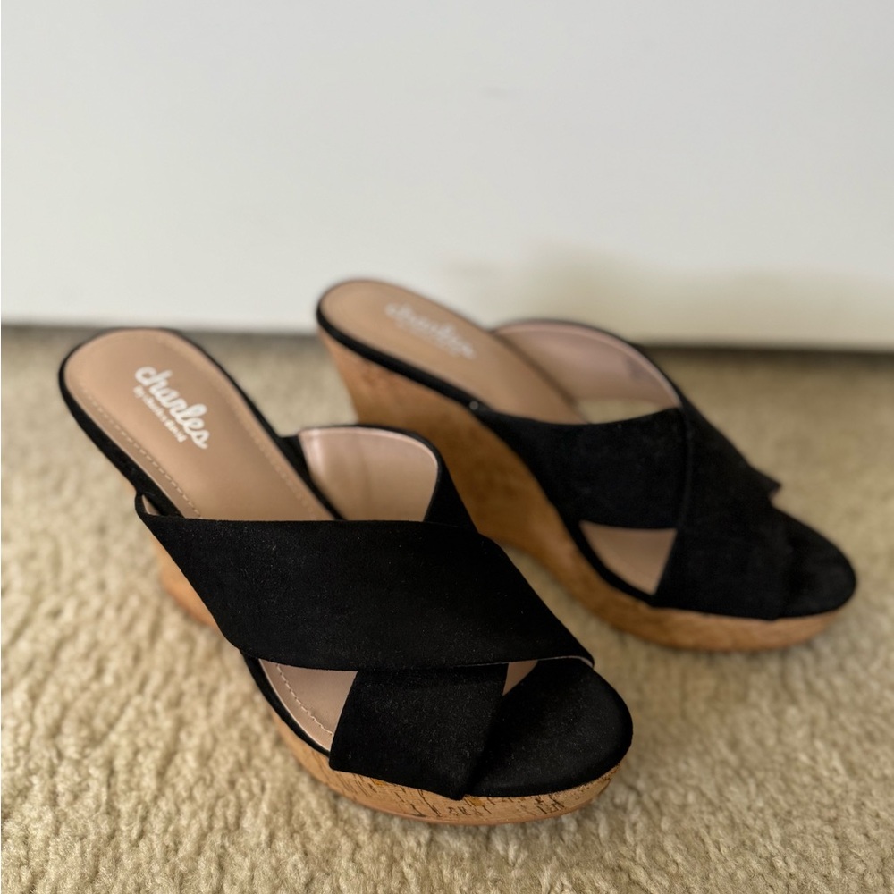 Charles By Charles David Black and Tan Wedge Sandals